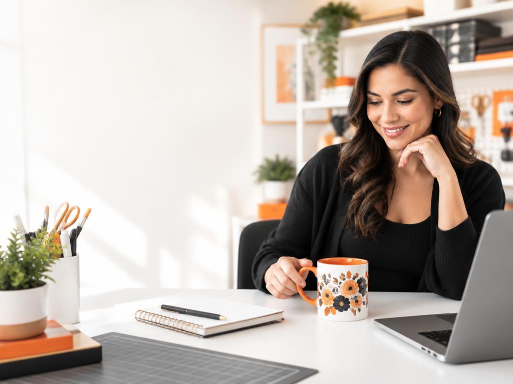Emprendedora trabajando con claridad en sus productos personalizados